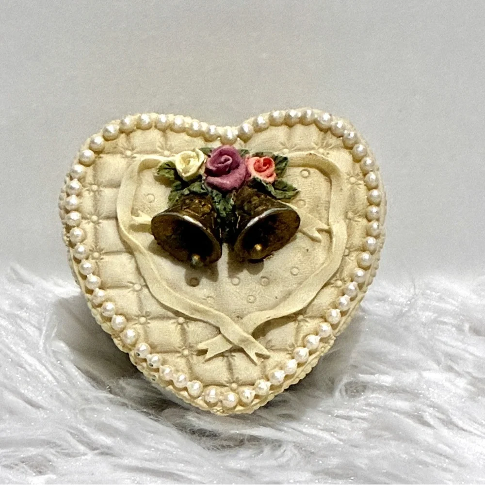 Cottagecore Italian Heart-Shaped Trinket Box With Grannycore Pearls & Gold Bells